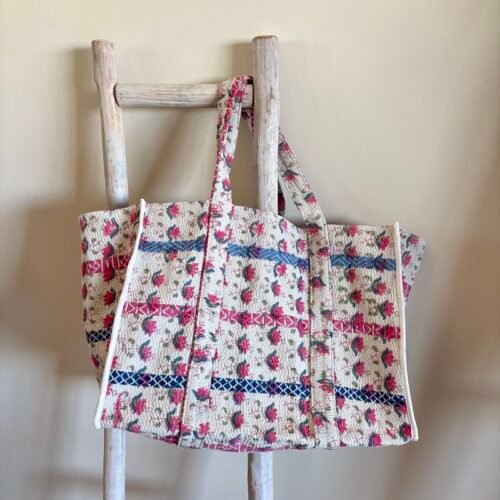 Grand sac cabas XL en kantha vintage imprimé blockprint #14b
