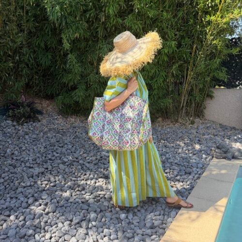 Grand sac cabas XL en kantha vintage imprimé blockprint #40