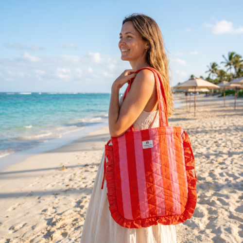 Sac tote bag matelassé à volants, à rayures orange et pastèque