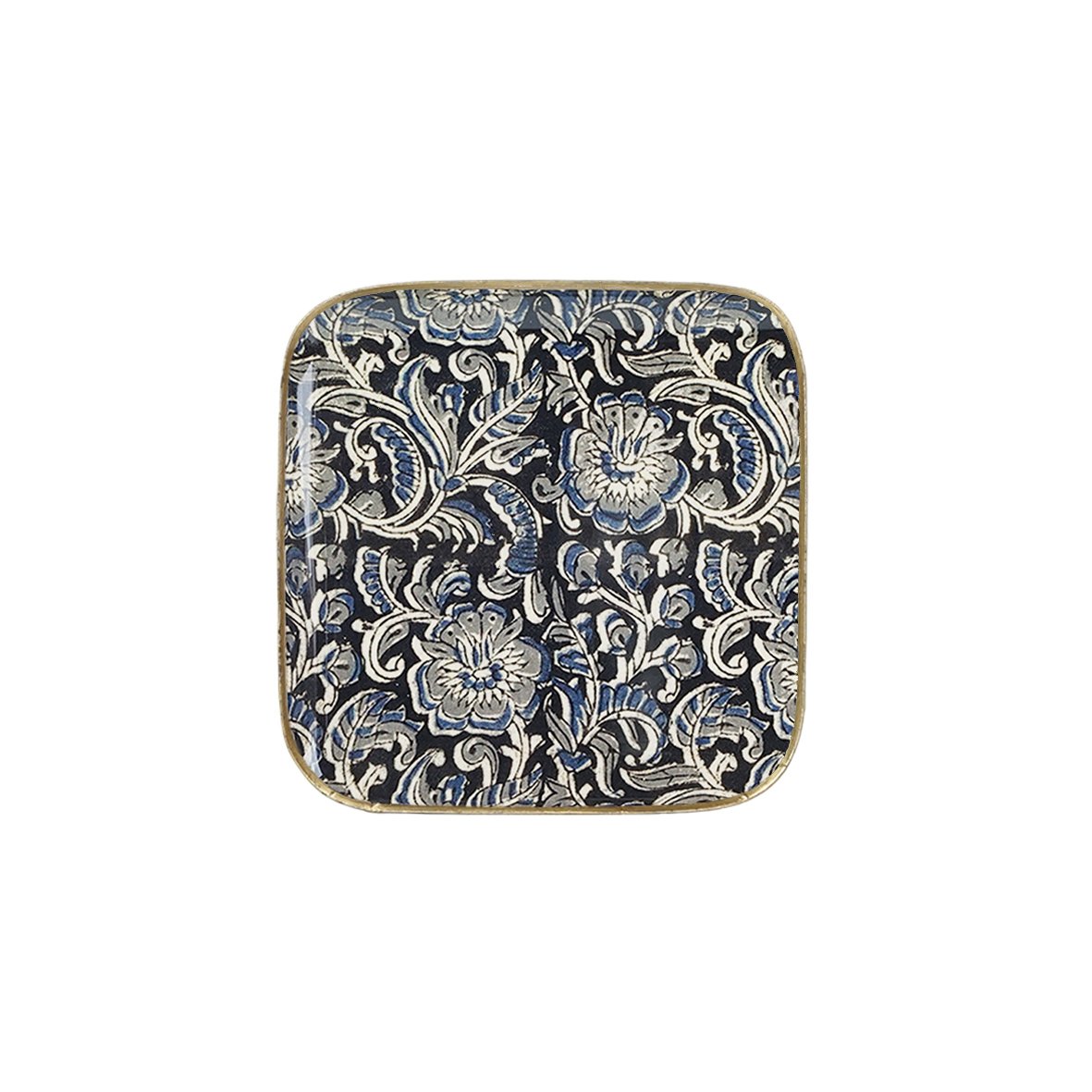 Plateau carré "Kalamkari" en métal émaillé, bordure dorée – Image 2