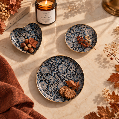 Plateau rond métal émaillé Kalamkari D16 cm, bord doré