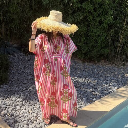 Robe caftan « Poppies » en coton doux imprimé à la main, rose