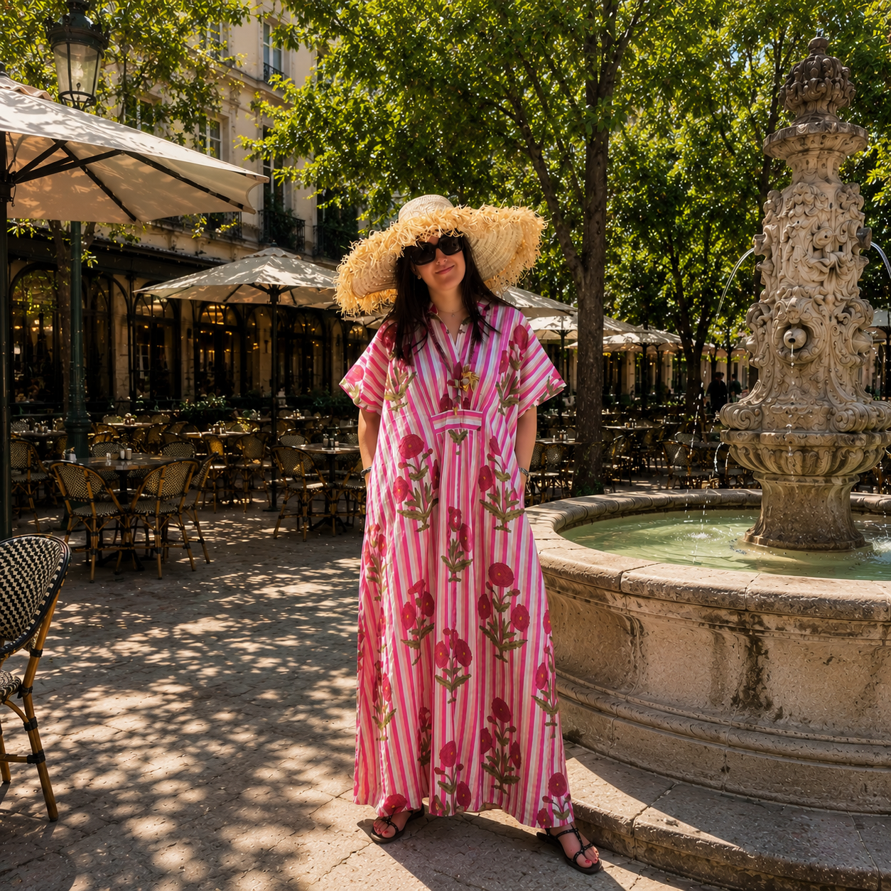 Robe caftan « Poppies » en coton doux imprimé à la main, rose – Image 3