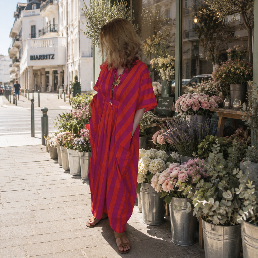 Robe-caftan rayée en coton doux, fuchsia et orange – Image 2