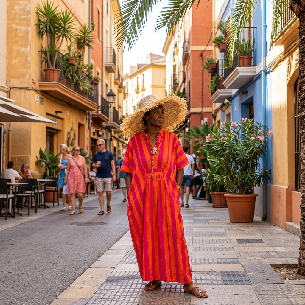 Robe-caftan rayée en coton doux, fuchsia et orange – Image 3
