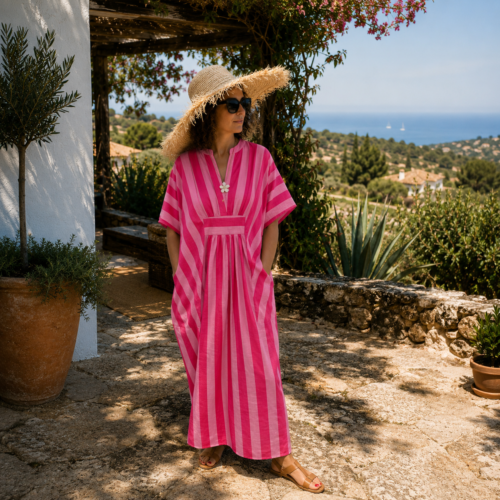 Robe-caftan rayée en coton doux imprimé à la main, rose pâle et rose foncé