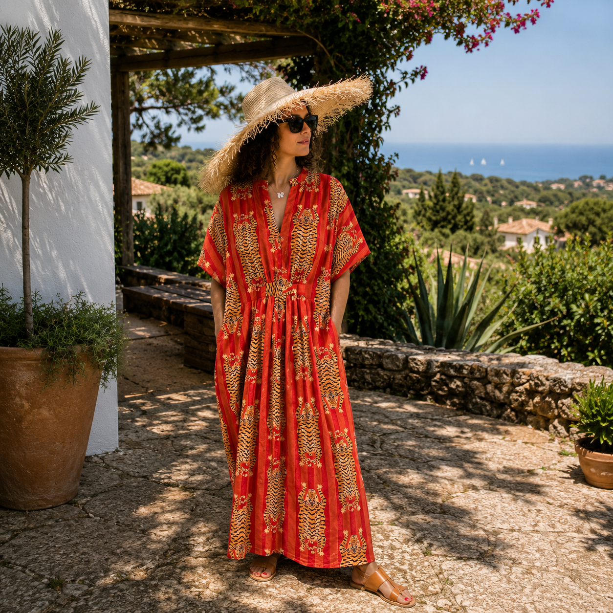 Robe-caftan rayée en coton doux imprimé à la main orange motif tigre
