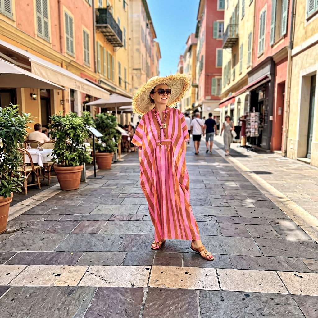 Robe-caftan rayée en coton doux imprimé à la main, caramel et rose