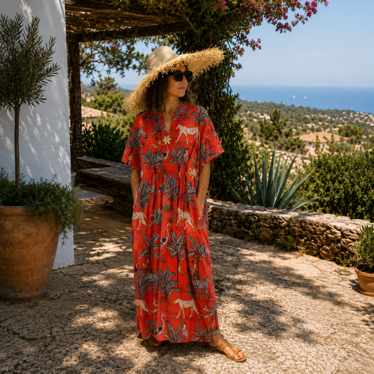 Robe-caftan rayée en coton doux imprimé à la main orange motif jungle