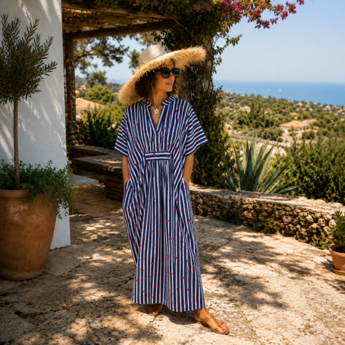 Robe-caftan rayée en coton doux imprimé de rayures marine coeurs rouges