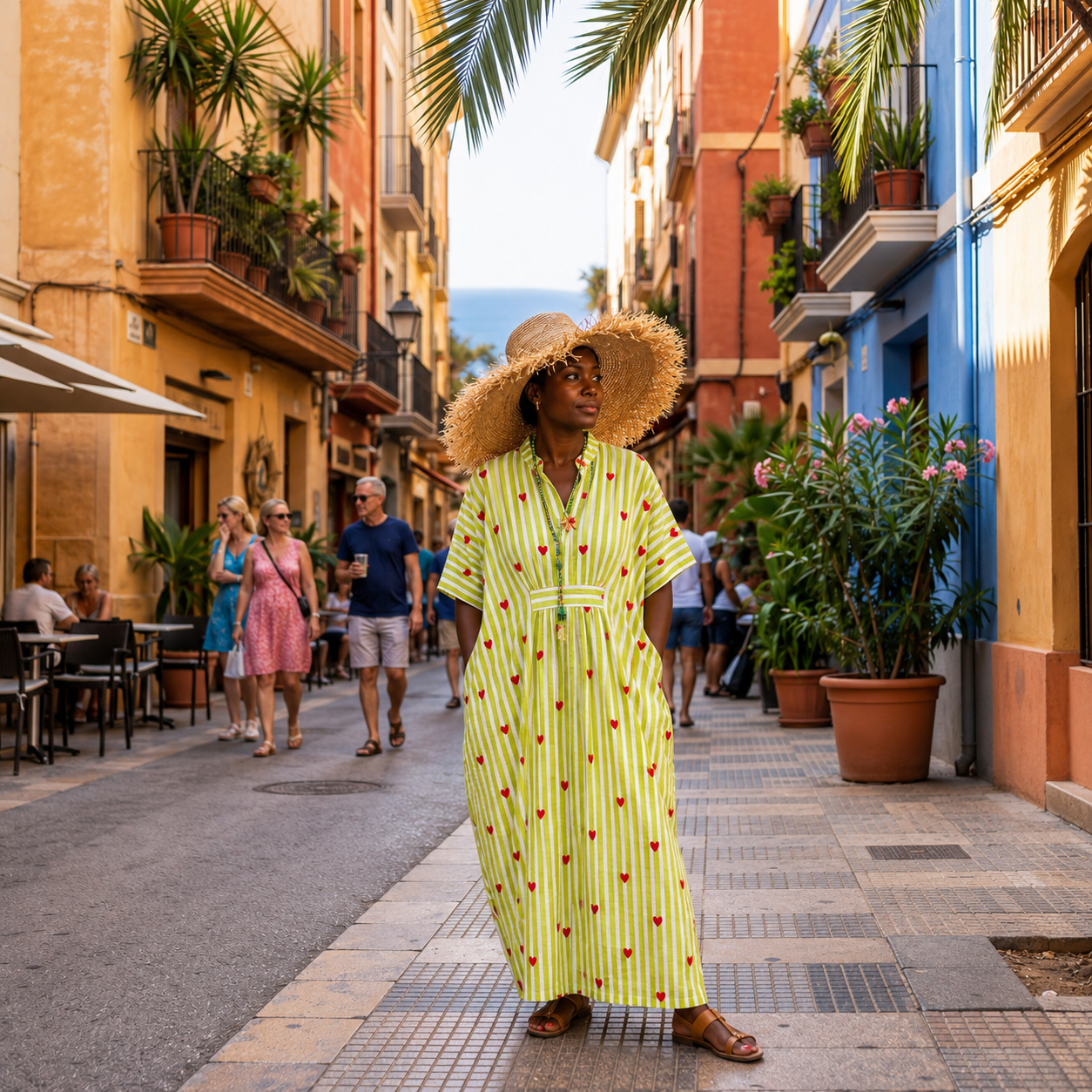 Robe-caftan rayée en coton doux imprimé de rayures vert absinthe coeurs rouges
