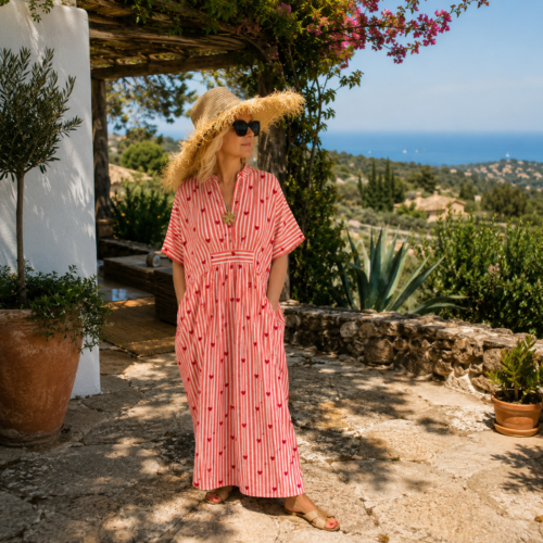 Robe-caftan rayée en coton doux imprimé de rayures oranges coeurs rouges