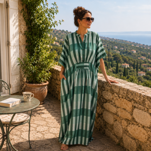 Robe-caftan rayée en coton doux imprimé de rayures camaïeu vert