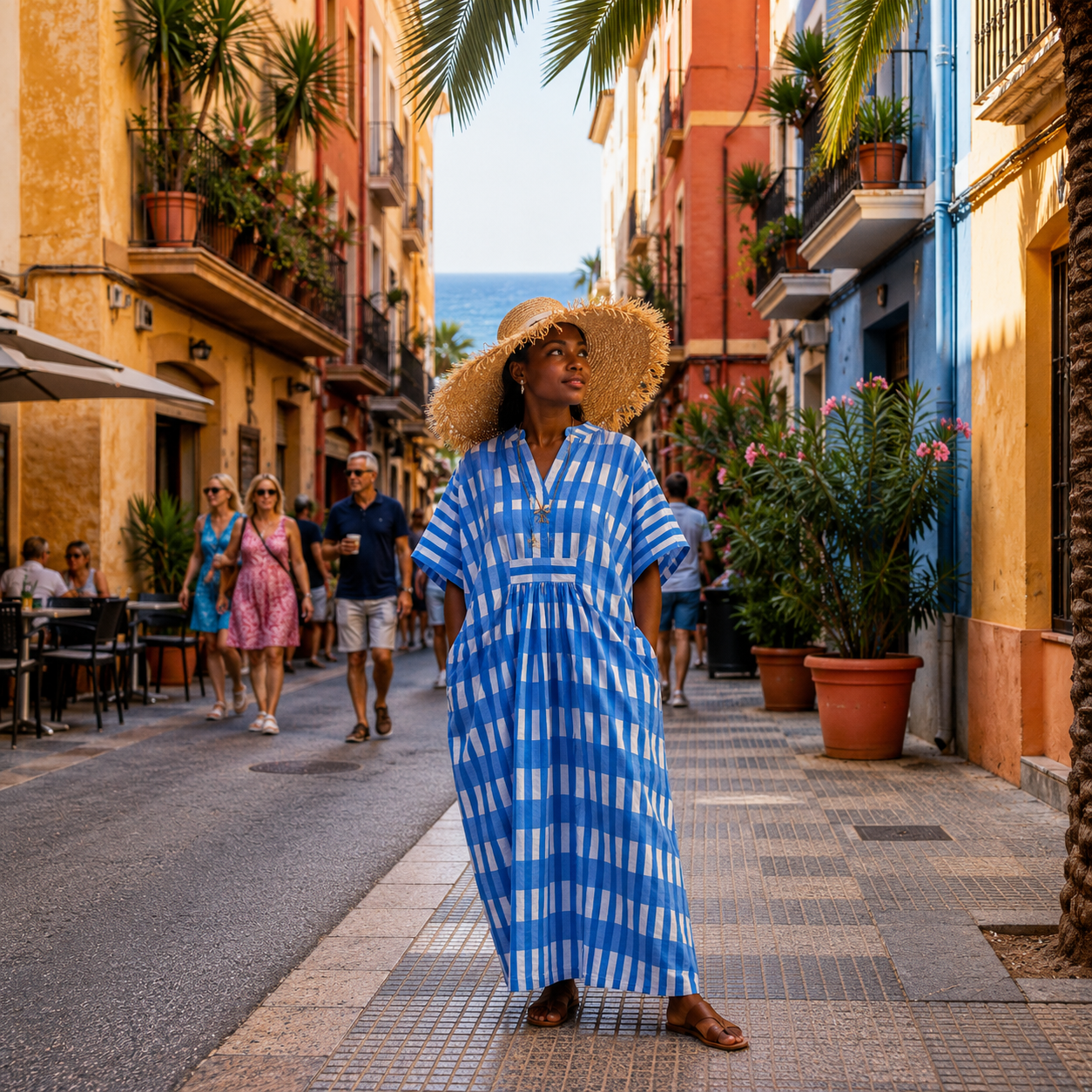 Robe-caftan rayée en coton doux imprimé de rayures camaïeu bleu