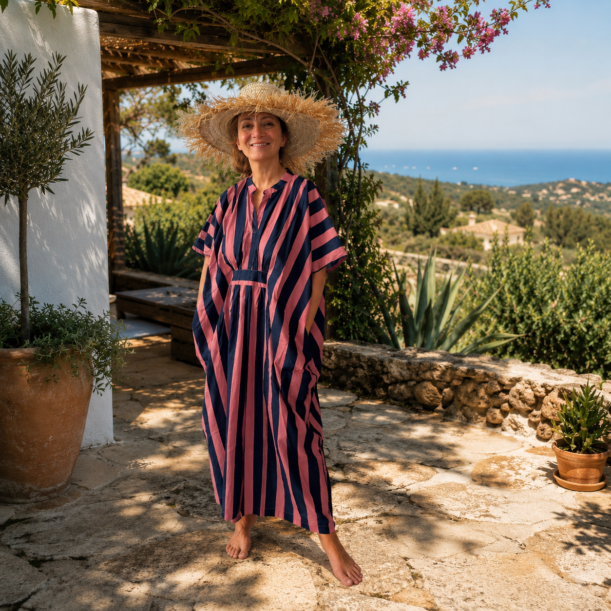Robe-caftan rayée en coton doux imprimé à la main, rose et bleu marine