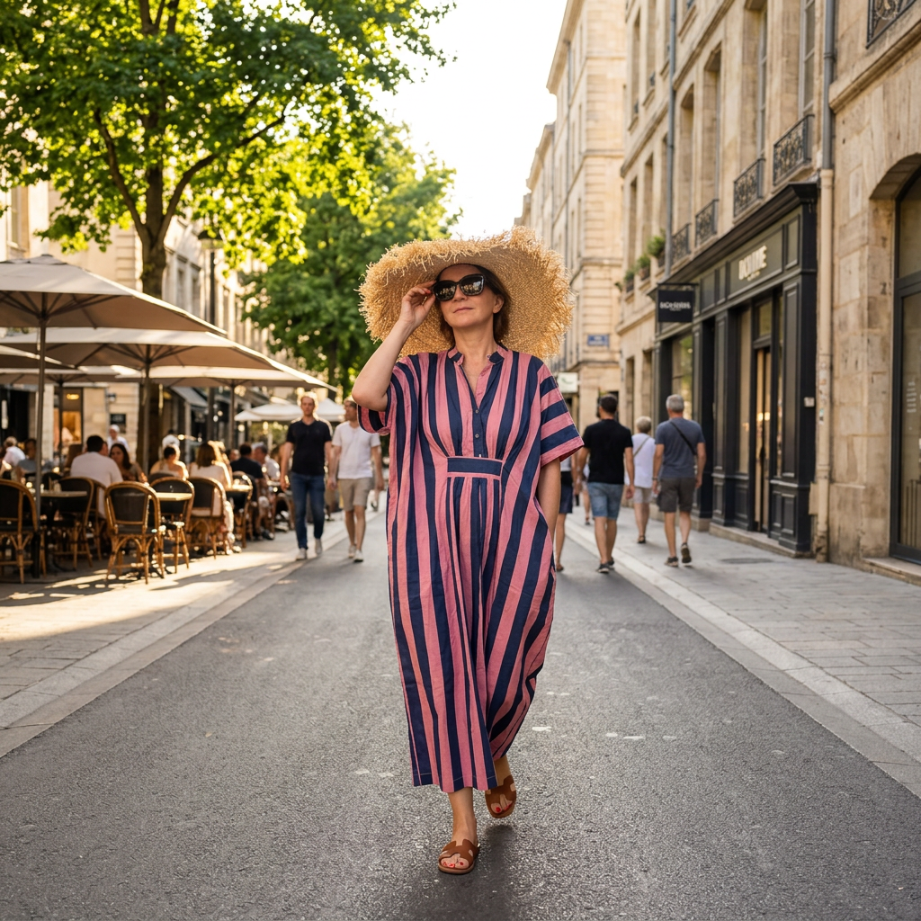 Robe-caftan rayée en coton doux imprimé à la main, rose et bleu marine – Image 2