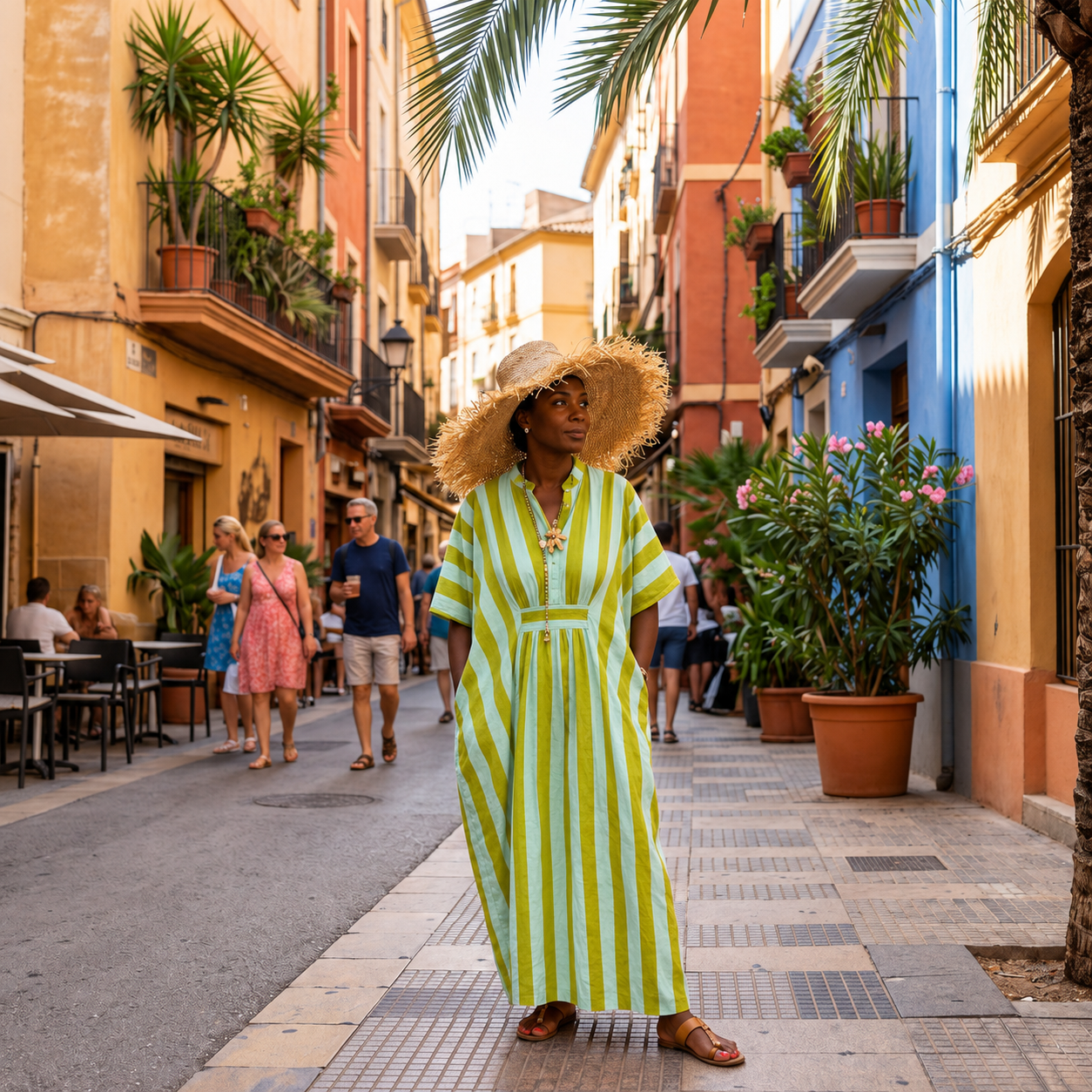 Robe-caftan rayée en coton doux imprimé à la main, absinthe et celadon – Image 2