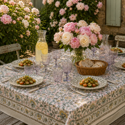 Nappe Ninon pétale, coton imprimé blockprint
