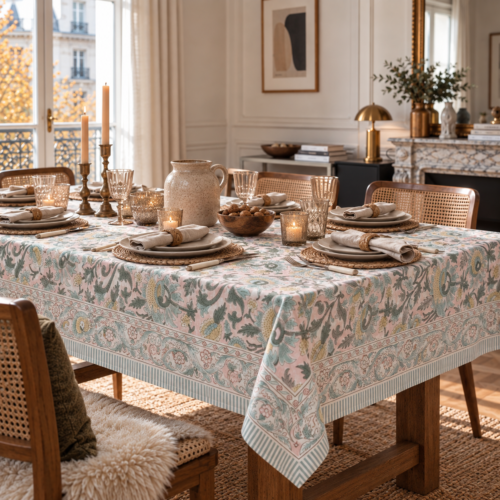 Nappe blockprint "Vaux-le-Vicomte" pétale 150x220