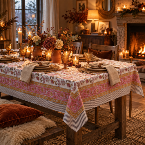 Nappe "Madame de Maintenon" en coton imprimé blockprint disponible en trois dimensions