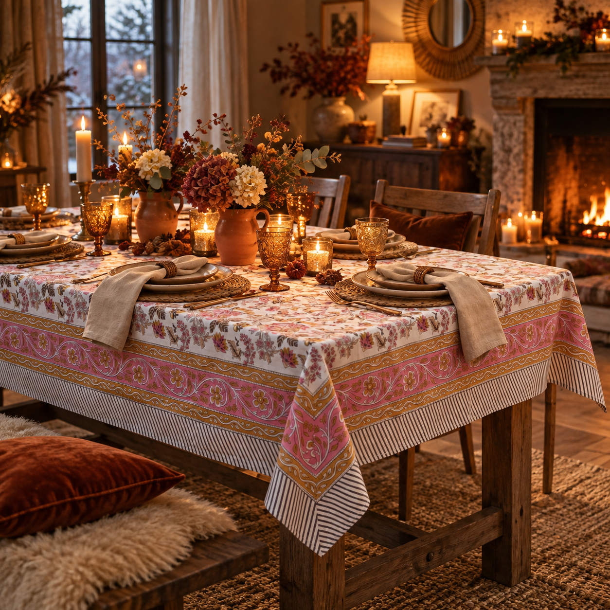 Nappe "Madame de Maintenon" en coton imprimé blockprint disponible en trois dimensions